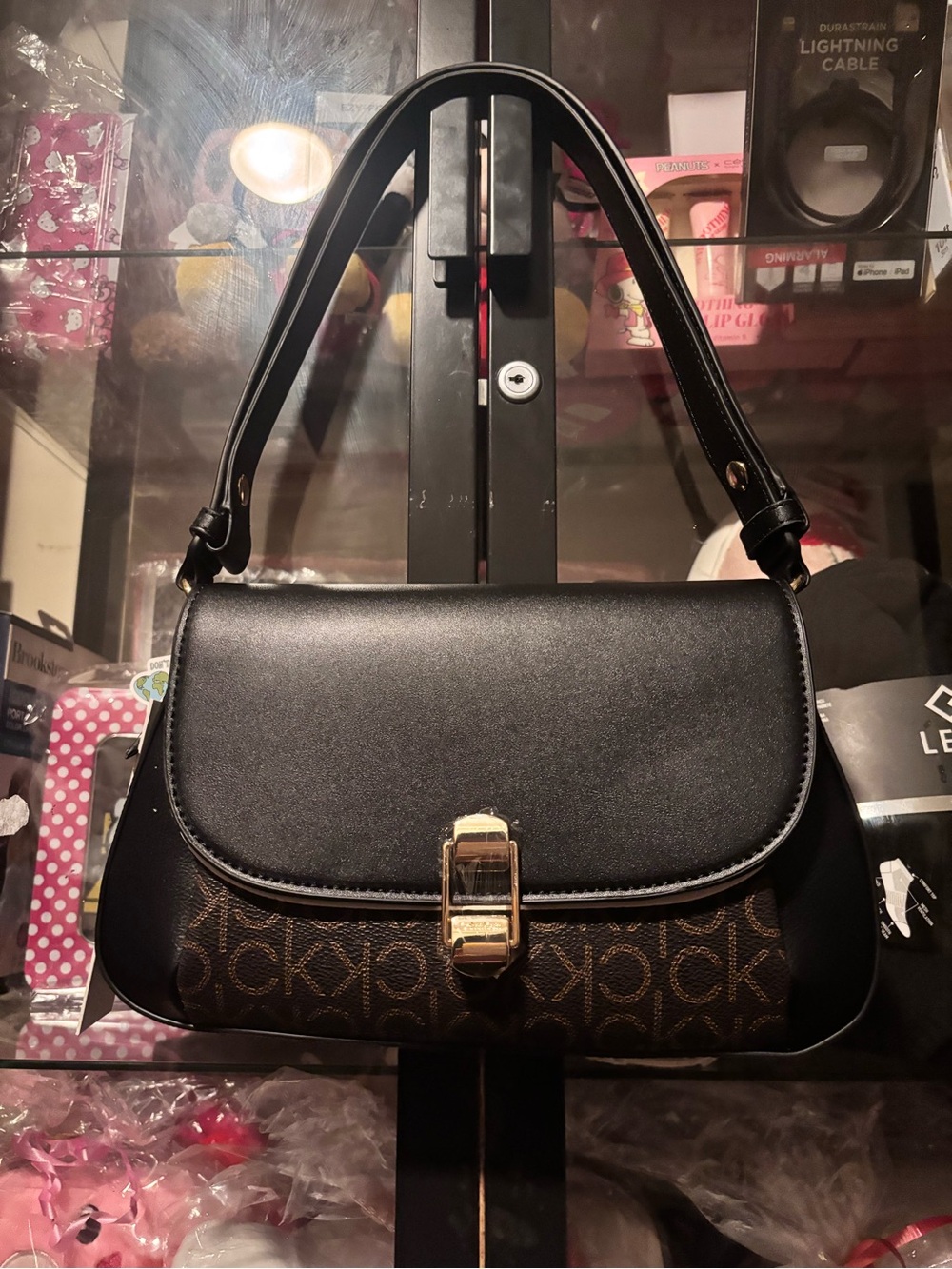 Black and Brown Logo Accent Shoulder Bag